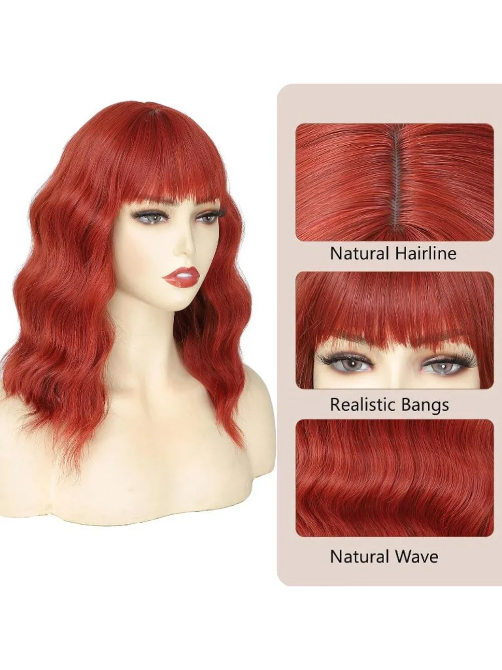 Women's Red 14 Inch Heat Resistant Short Wavy Hair Pastel Bob Wig Bangs